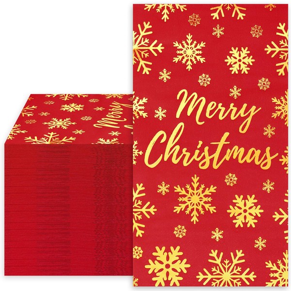 JarThenaAMCS 100 Pcs Merry Christmas Guest Napkin Red Gold Foil