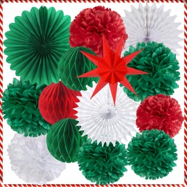 SUNBEAUTY 14PCS Christmas Party Decorations Set Hanging White & Red & Green Honeycomb Decor Tissue Paper Pom Poms Decor with Red Star Lanterns Christmas Star