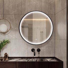 TheiaMo 24" Round Led Mirror for Bathroom with Black Frame, Frontlit Vanity Mirror with Lights, Anti Fog Smart Mirrors for Wall, 3 Colors Dimmable, Memory Function, ShatterProof, Waterproof, CRI95+