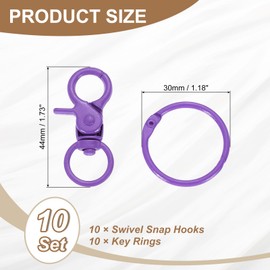 uxcell 10Pcs Lobster Claw Clasps Keychains, Trigger Snap Hook with Binder Rings Metal Swivel Clasps Lanyard Snap Hook for DIY Bag Lanyard Craft, Purple
