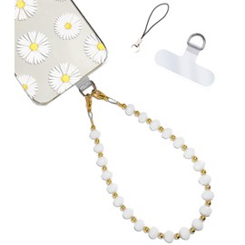 Hidden Hollow Beads Cell phone charm Wrist strap tether tab wristlet anti-drop hands free fits most cases and accessories (Gold and White)