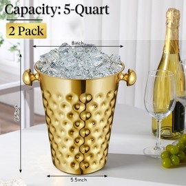 MorningRo 2 Pcs 5 Quart Metal Champagne Bucket Hammered Stainless Steel Doublewall Wine Ice Bucket for Bar, Party, Wedding, Banquet, Outdoor BBQ(Luxurious Golden)