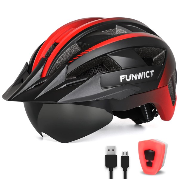 FUNWICT Adult Bicycle Helmet with Visor and Detachable Goggles, Rechargeable LED Rear Light Mountain Bike Helmet for Men Women and Teens, Size M/L/XL (L: 57-61 cm, Black and Red)