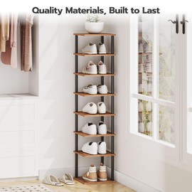 HOOBRO Vertical Shoe Rack, 8-Tier Narrow Shoe Shelf, Shoe Storage Organizer for Small Space, 11" L x 11" W x 53" H, Closet, Entryway, Hallway, Bedroom, Rustic Brown and Black BF22XJ01