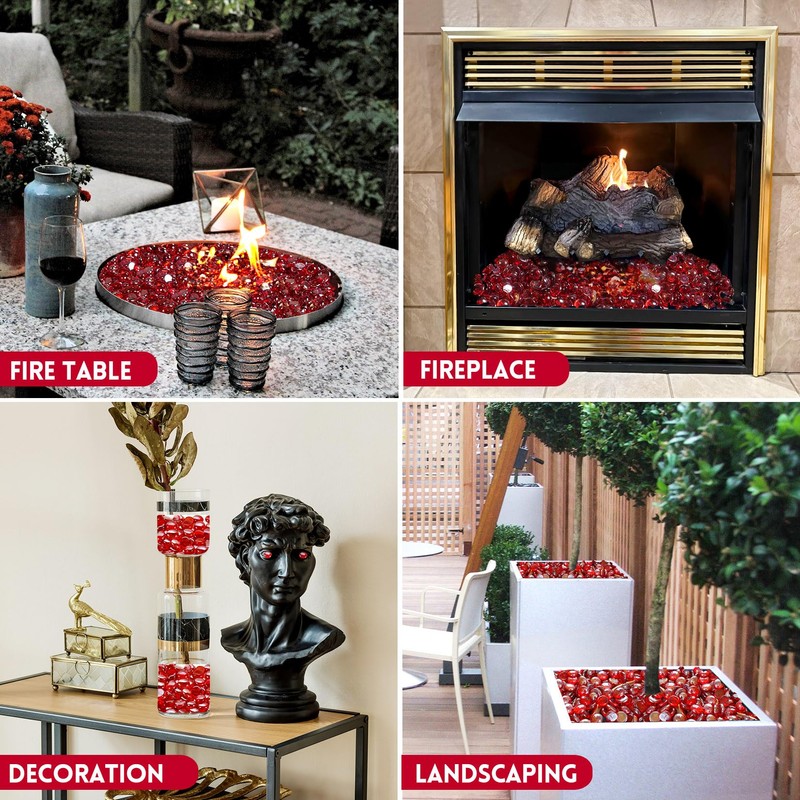 GasSaf Red Fire Glass Beads for Outdoor Fire Pit, Fireplace,