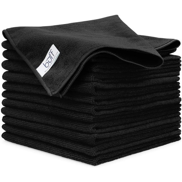 Buff Pro Multi-Surface Microfiber Towel – 12 Pack | Premium Cleaning Cloth | Clean, Dust, Polish, Absorb | Large 16"x16" (Black)