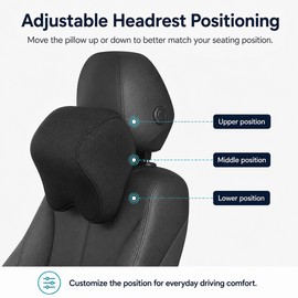 Memory Foam Car Neck Pillow with Adjustable Headrest Strap, Removable Mesh Cover, Black