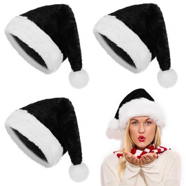 Geyoga 3 Pcs Christmas Santa Hat Unisex Santa Claus Hat Velvet Hat Extra Thicken Xmas Hat for Adults New Year (Black)