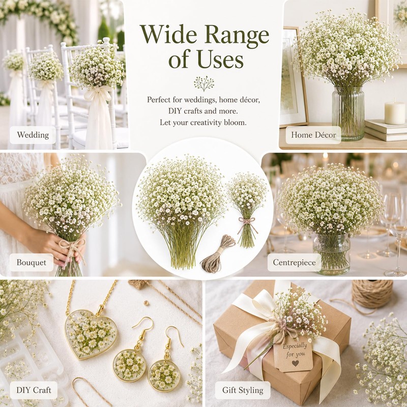100Pcs Baby’s Breath Flowers, White Gypsophila for Wedding