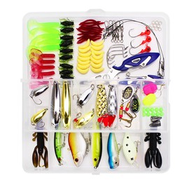 Aokesy Kit de Señuelos de Pesca, 101 Piezas Cebo Duro Artificial con Ganchos Gusanos Larvas Bichos Sábalos Gusanos de Cola y Cajas, Cebo de Agua Dulce para Lubina, Accesorios de Pesca para el mar