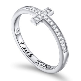 DAOCHONG 925 Sterling Silver Sideways Cross Ring Engraved Faith Hope Love Ring Inspirational Jewelry Gift for Women Size 5-10 (10)