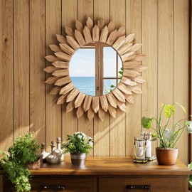 VETROVUE 20 Inch Brown Boho Wall Decor Sunburst Mirror - Round Wooden Wall Decor, Handmade Rustic Circular Mirror for Living Room, Bedroom, Entryway, Office