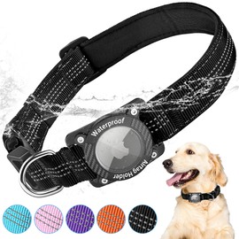 LZXLXS AirTag Dog Collar, IPX8 Waterproof Air Tag Dog Collar Holder, Luminous, Reflective, Durable, Comfortable Padded GPS Collars for Small Medium Large Dogs, Black, L