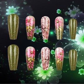 Summer Flower Press on Nails 3D Fruit Cherry Gel Glue on Fingernails 24Pcs Glossy Green Glitter Stick on Nail Leaves Medium Coffin Fake Nails Acrylic Full Cover False Nail for Holiday Manicure Art