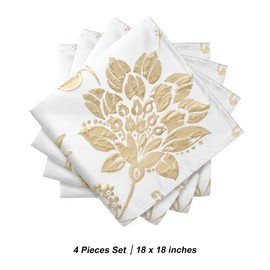 Loom and Mill Luxury Cloth Napkins 18 X 18 Inches, Elegant Damask Golden Floral Leaves Soft Durable Washable Dinner Fabric Napkin for Every Day Use Dining Table Decorations(Cream, Set of 4)