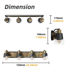 URSOLA Bathroom Vanity Light, 4 Lights Bathroom Light Fixtures, 28.3 inch Bathroom Light Fixtures Over Mirror, Black and Gold, with Bevelled Edge and Clear Glass Shade Wall Lamp