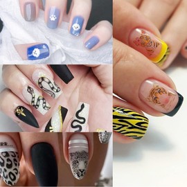 8 Designs Animal Nail Art Stickers Decals, Cat Dog Cow Unicorn Snake Tiger Leopard Lion Nail Transfer Decals, 3D Pet Nail Self-Adhesive Sticker Acrylic Supplies for Women Manicure Tips Decorations