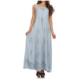 Sakkas 15229 - Stella Long Tank Top Adjustable Caftan Corset Dress with Embroidery - Sky Blue - 1X/2X