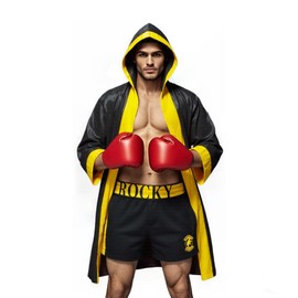 COSMAKER Adult Satin Mens American Flag Boxing Costume Balboa Boxer US Stars and Stripes Hooded Robe with Shorts (Small, Italian Stallion Black)