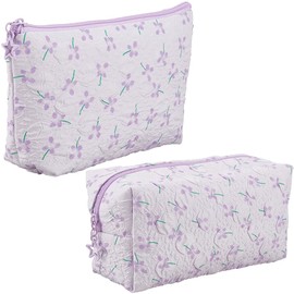 CABODYALS 2Pcs 2 Styles Floral Makeup Bag Set Cute Flower Zipper Make Up Cosmetic Pouch Polyester Portable Storage Quilted Toiletry Organizer Cloth Clutch Bags for Women Travel Accessories, Purple