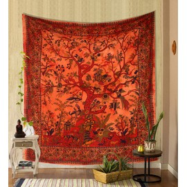 THE ART BOX Tapestry Orange Tree of Life Wall Hanging Psychedelic Tapestries Indian Cotton Twin Bedspread Picnic Sheet Wall Decor Blanket Wall Art Hippie Bedroom Décor (Medium, 60x54 Inch)