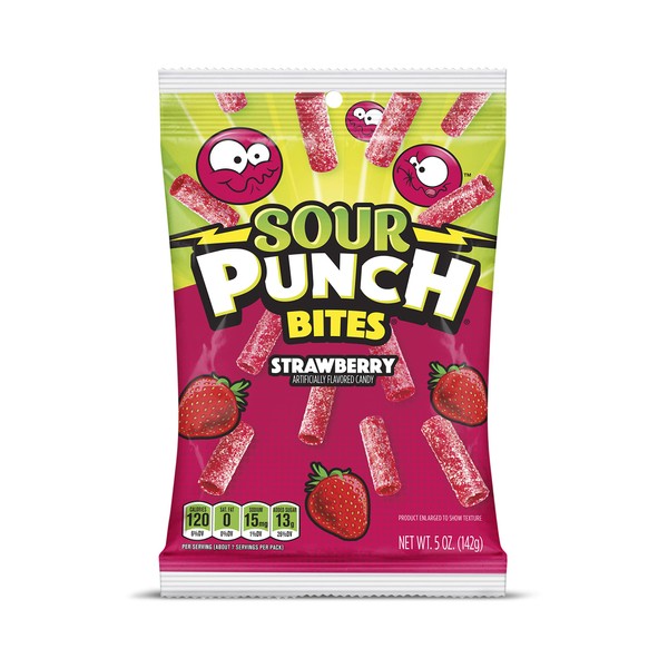 Sour Punch Bites, Sweet Strawberry Fruit Flavor,Soft & Chewy Candy, 5 Ounce Bag, Pack of 12