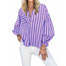 Cicy Bell Womens Striped Button Down Shirts 2024 Fall Fashion Puff Long Sleeve Loose Fitting Work Tops Pink