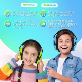 Kriogor Ear Defenders Children 2 Pack, 26dB SNR Soft Kids Ear Defenders, Noise Cancelling Headphones, Hearing Protection Earmuffs Adjustable Ear Protector for Boys Autism Flights Study (Green & Blue)