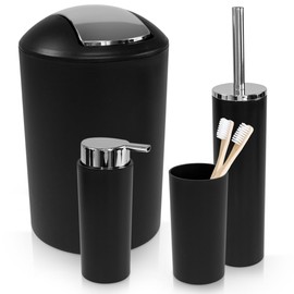 WENKO 4 Piece Set Bathroom Accessories, Includes Toothbrush Cup, Trash Can, Soap Dispenser and Toilet Brush Holder, Bathroom Sets Complete, Matt, Plastic/Stainless Steel, Black
