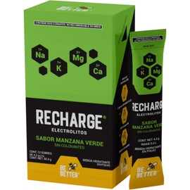 Be Better Recharge Electrolitos en Polvo, Sin Azúcar, Sin Calorías, Sin Colorantes, 24 Sobres, Sabor Manzana Verde