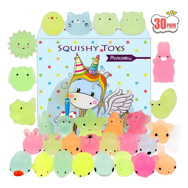 POKONBOY Mochi Squishy Toys Glow in The Dark for Party Favors - 30 Pack Mini Kawaii Cute Animal Squishies Stress Relief Squishy Animals Mochi Cat Squishy with Gift Box