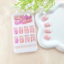 Easter Press on Nails Short Square Fake Nails with White Flower Design Cute Rabbit Nails Press ons Light Pink Full Cover False Nails Glossy Glue on Nails Easter Stick on Nails for Women 24Pcs