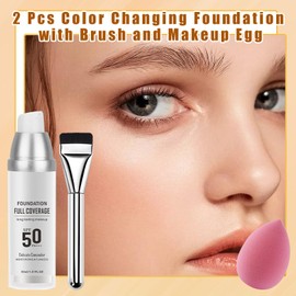 2PCS Color Changing Liquid Foundation Makeup,Flawless Full Coverage Foundation with Makeup Brush and Sponge,Non-greasy Long Lasting Moisturizing SPF50 PA+++ Face Sunscreen for Women（A)