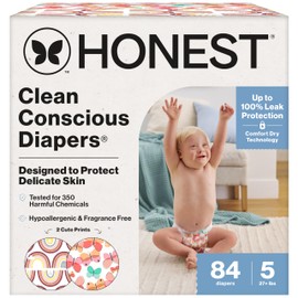 The Honest Company Clean Conscious Diapers for Delicate Skin | Up to 100% Leakproof | Hypoallergenic, Fragrance Free | Girl Prints | Super Club Box, Size 5 (27+ lbs), 84 Count (Prints May Vary)