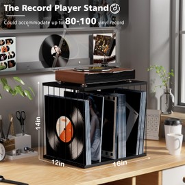 Emfogo Vinyl Record Storage, Metal & Wooden Vinyl Record Holder Up to 80 Album, 3-Compartment Record Player Stand for Magazine, Book, Files, Albums (Black)