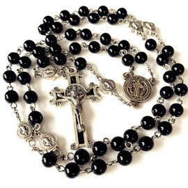 elegantmedical Catholic Saint St. Benedict Black Agate Beads Gift Rosary Necklace Cross Jerusalem, 22", Agate, Agate