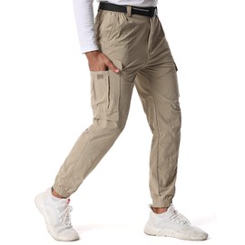 Mens Cargo Joggers Lightweight Hiking Pants 6 Pockets,Golf Joggers Pants Waterproof Fishing Quick-Dry Work Pant with Belt Khaki