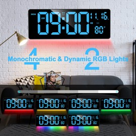 XREXS Digital Wall Clock Large Display, 16.5" LED Wall Clock with 6 Color Changes Night Lights, Auto DST, Count Up/Down Timer with Remote Control for Living Room Bedroom Office Wall Decor