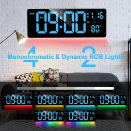 XREXS Digital Wall Clock Large Display, 16.5" LED Wall Clock with 6 Color Changes Night Lights, Auto DST, Count Up/Down Timer with Remote Control for Living Room Bedroom Office Wall Decor