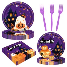 96 piezas de suministros de fiesta de Halloween, platos y servilletas de Halloween, decoración de fiesta de zombi, platos de papel para 24 (Violeta)