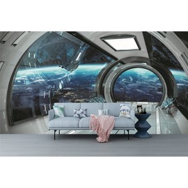FLFK 3D Futuristic Spaceship Interior View Self-Adhesive Wallpaper Wall Murals for Kids Bedroom Living Room Decor 141.7"x98.4"
