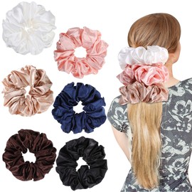 Hicarer 6 Pieces Oversized Satin Scrunchies Set Silk Elastic Hairband Hair Ties Soft Ponytail Holders for Women Girls, Pink, Champagne, Coffee, White, Black and Navy Blue