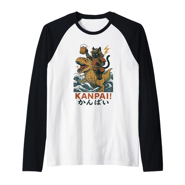 Samurai Cat on Tyrannosaurus rex. | Retro Japanese Vibes Raglan
