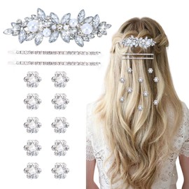 13 Pieces Rhinestone Hair Clips 2 Pcs Crystal Bobby Pins with 10 Silver Mini Flower Hair Clips Decorative Barrette with with Rhinestones Pearls for Bride Women Flower Girls