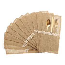 uxcell 24Pcs Burlap Lace Utensil Holders, 4" x 8" Cutlery Pouch Silverware Holder Natural Jute Pouch Bag Burlap Napkin Bag with Bow for Party Wedding Decoration
