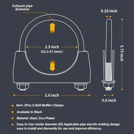 XIEKRAB 2Pcs Heavy Duty 2.5 inch Exhaust Clamps Black Rust Proof, 2-1/2" Muffler Clamp, Saddle Type U Bolts Clamp on Tip Pipes Connection
