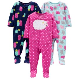 Simple Joys by Carter's Baby Girls' 3-Pack Loose Fit Flame Resistant Fleece Footed Pajamas, Blue Elephant/Navy Monster/Pink Dots, 3T