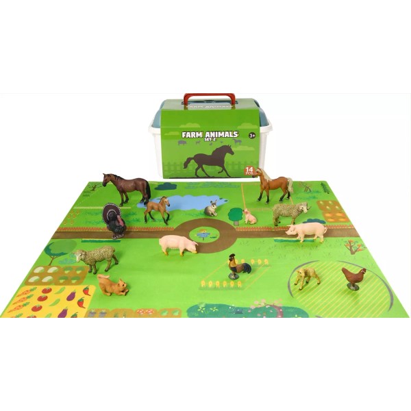 Realistic Farm Animals Playset with Soft Playmat & Storage Box