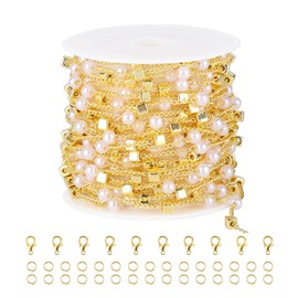 SMYHTGLIF 5 Meters 18K Gold Plated Square Chain Spool Pearl Jewelry Making Chains DIY Craft Chain with Lobster Clasps and Open Jump Rings for Jewelry Making