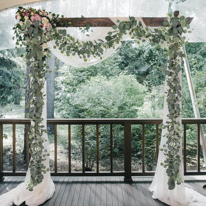 Eucalyptus Garland with White Flowers, 4 Packs 180cm Silver Dollar